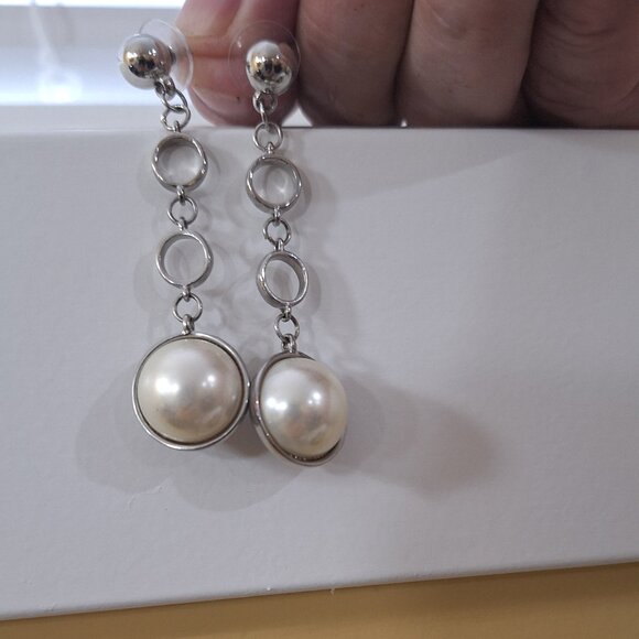 Silver/White Pearl Drop Earrings - Picture 1 of 4